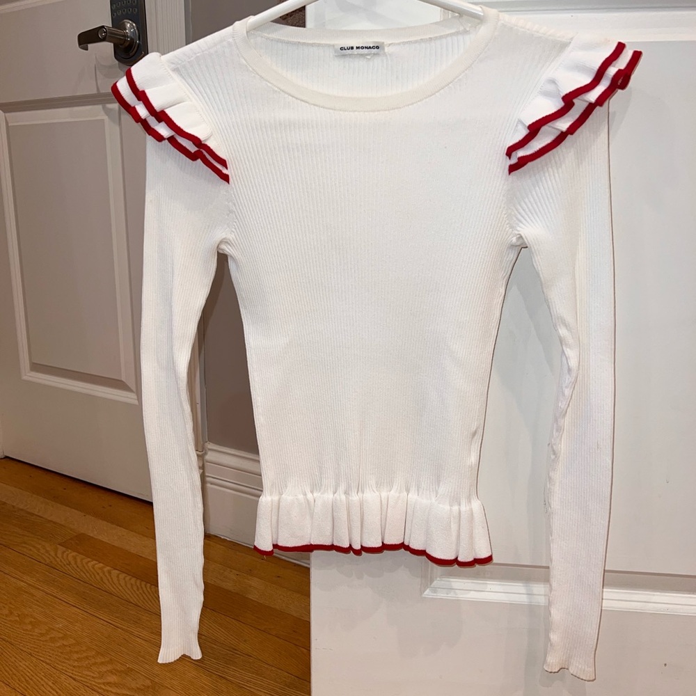 Club Monaco White Ribbed Sweater with Ruffle Detail